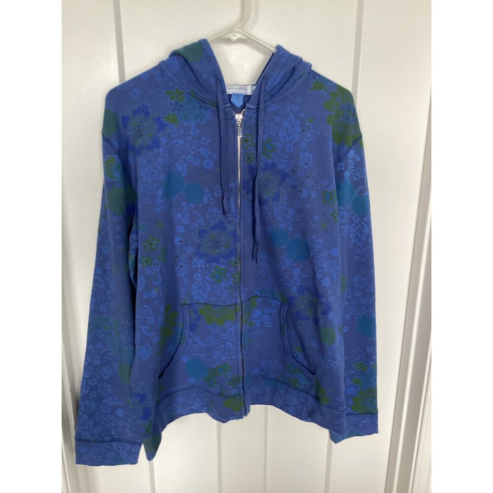 Vintage Fresh Produce Women's Floral Zip Up Kangaroo Pocket Hoodie Blue‎ Size XL